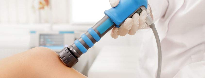Extracorporeal Shockwave Therapy ESWT. Effective non-surgical treatment for pain. Physical therapy of knee with shock waves.Pain relief, normalization and regeneration, stimulation of healing process in Newmarket